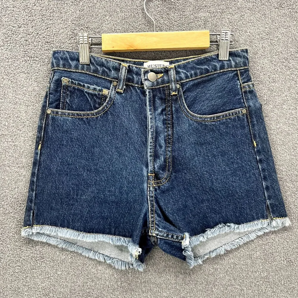 MUSIER Paris Jeans Shorts Womens 2 Blue High Rise Button fly Raw Hem Janet Denim